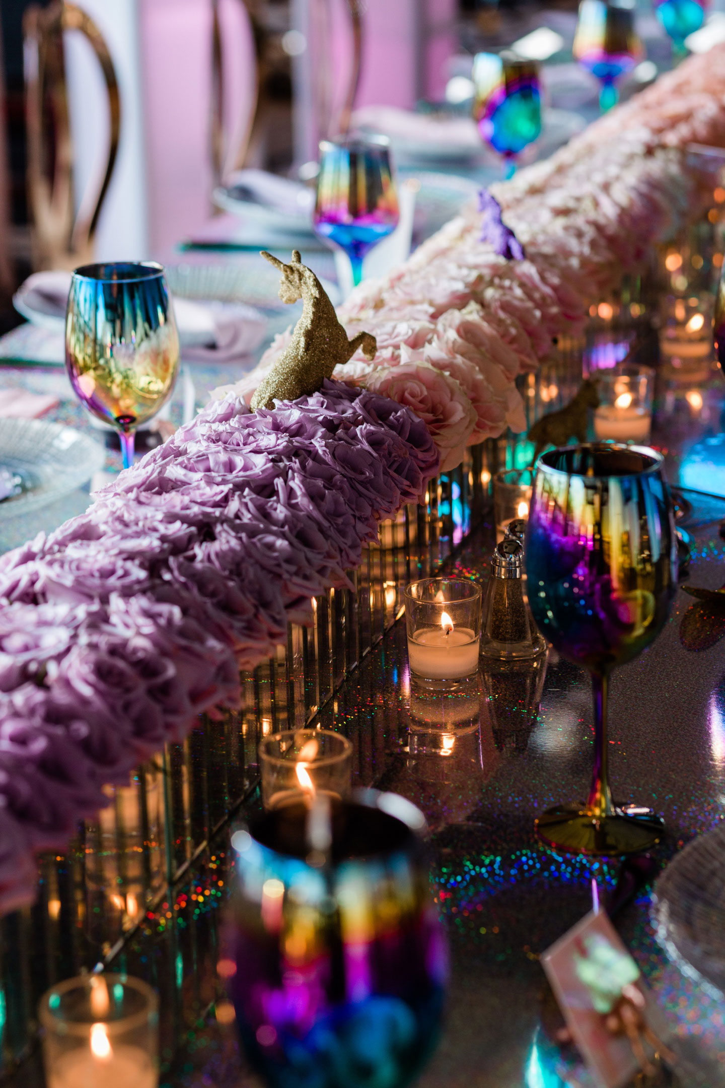 Stunning table setting at unicorn themed event.